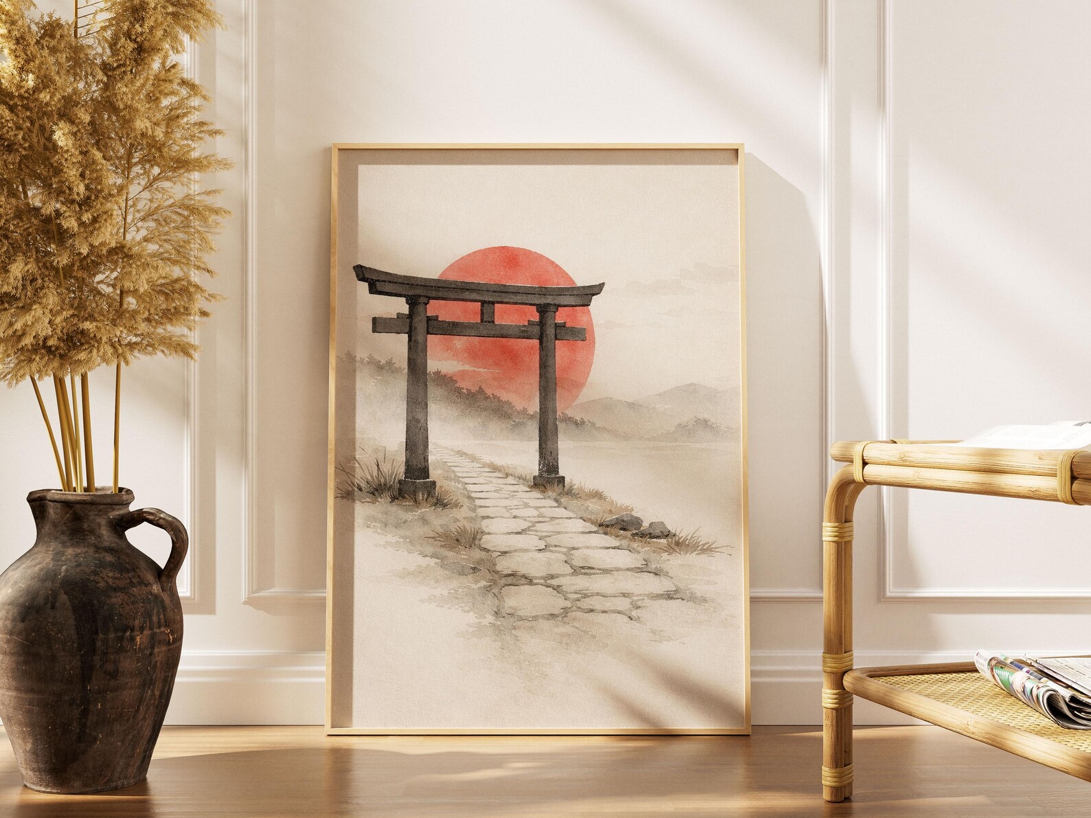 Torii Gate Red Sun Japanese Wall Art, Minimal Zen Japandi Watercolor ...