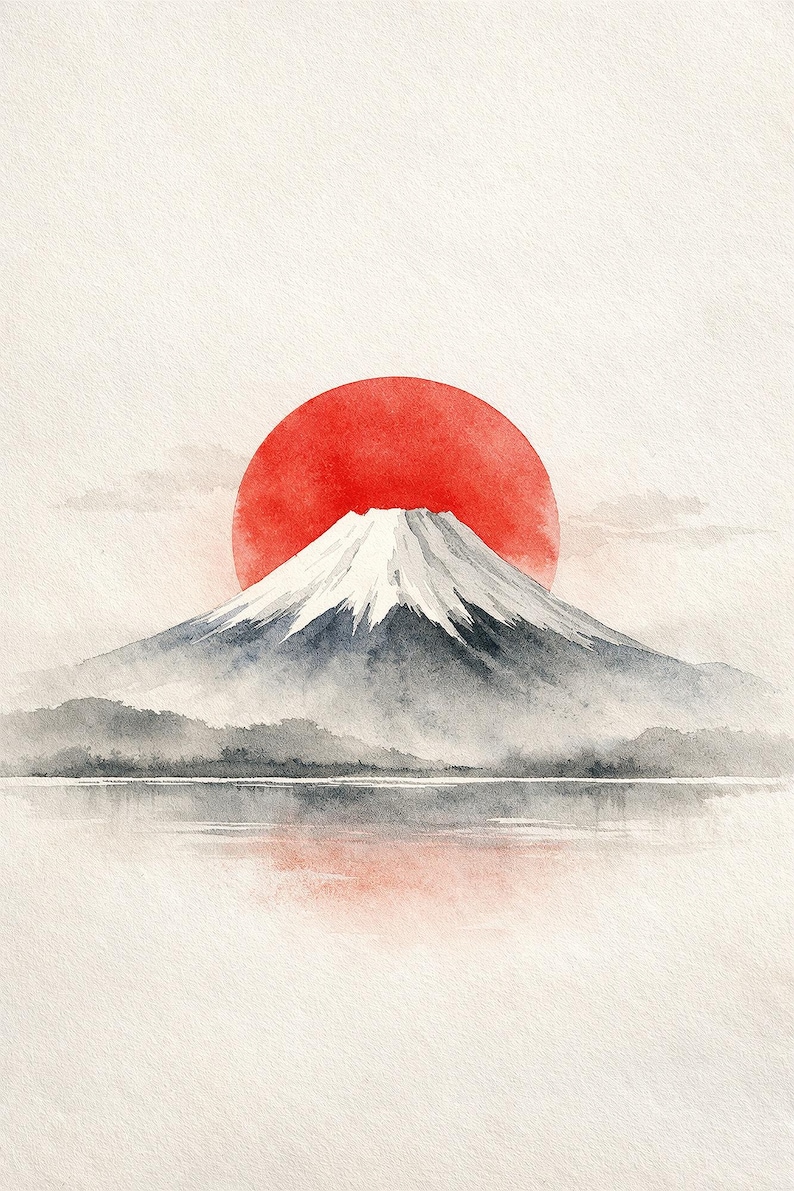 Mount Fuji Red Sun Japanese Wall Art Printable Zen Japandi Watercolor ...