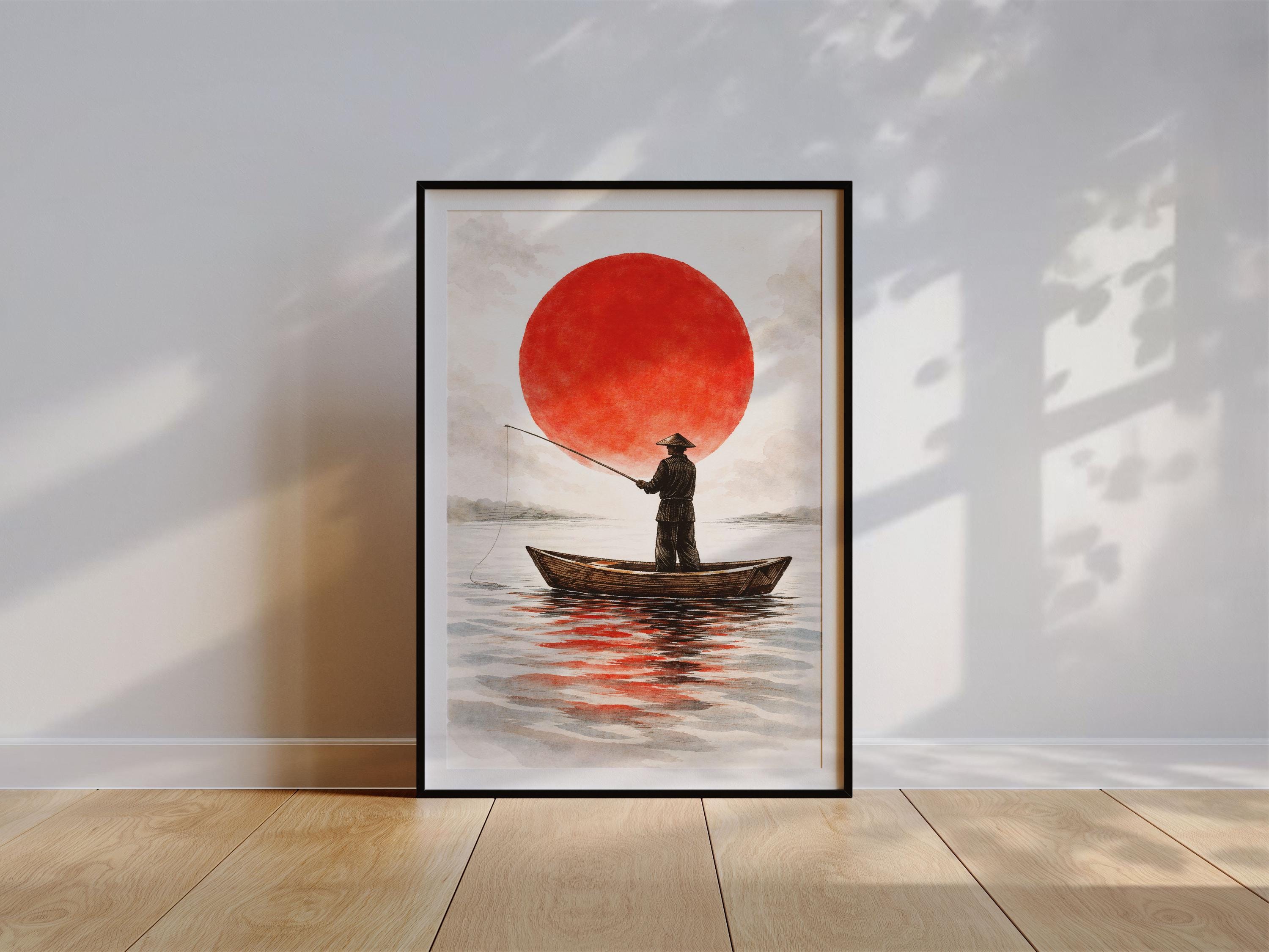 Japanese Fisherman Wall Art Print – Zen Water Illustration With Red Sun ...