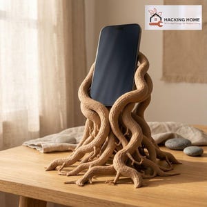 May include: A light brown phone stand shaped like a cluster of tree roots with a dark screen smartphone resting in the center. The stand features intricate, textured root-like branches that extend outward to form a stable base for the device.