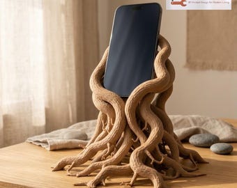 Soporte para teléfono con forma de raíz de árbol / Soporte para smartphone con raíces retorcidas y nudosas / Escultura de escritorio grande impresa en 3D / Decoración de bosque oscuro de Hacking Home