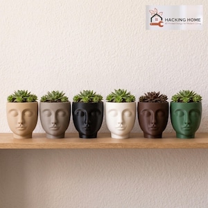 May include: Six face-shaped planters in beige, gray, black, white, brown, and green, each holding a small green succulent plant. The planters are arranged in a row on a wooden shelf. The logo HACKING HOME 3D Printed Design for Modern Living is visible.