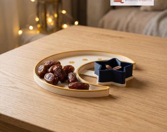 Crescent Date Tray with Star Bowl | Ramadan Iftar Serving Plate | 3D Printed Eid Table Decor | Dates and Pits Dish by Hacking Home