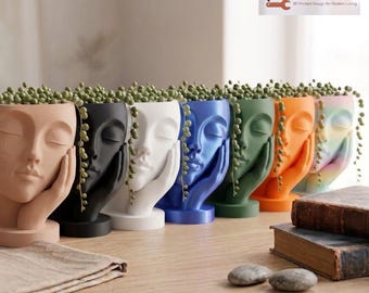 Maceta con forma de rostro descansando / Maceta con forma de cabeza de mujer y mano / Maceta para suculentas impresa en 3D / Decoración minimalista bohemia para el hogar de Hacking Home