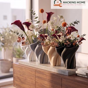 Puede incluir: Seis jarrones impresos en 3D de diferentes colores, alineados y llenos de flores. Los jarrones son blancos, grises, beige y negros. Las flores incluyen calas burdeos y flores blancas y naranjas. El texto "HACKING HOME 3D Printed Design for Modern Living" es visible.