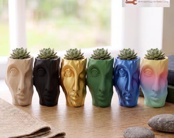 Maceta con forma de rostro de piedra / Maceta con escultura de roca tallada / Maceta para suculentas impresa en 3D / Decoración moderna estilo boho para el hogar de Hacking Home