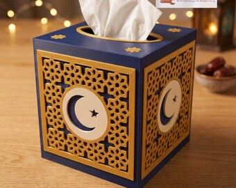 Ramadan Tissue Box Cover | Islamic Star Lattice Cube Tissue Holder | 3D Printed Eid Home Decor | Crescent Moon Gift by Hacking Home