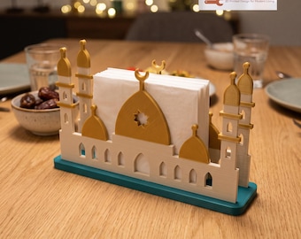Mosque Napkin Holder | Ramadan Iftar Table Decor | 3D Printed Skyline Napkin Stand with Gold Domes | Eid Hosting Gift by Hacking Home