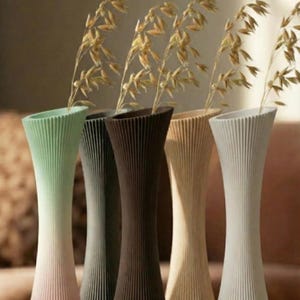 Op de afbeelding: Een verzameling van vijf moderne vazen in een rij, elk met een unieke kleurovergang. De vazen zijn hoog en slank, met een geribbelde textuur en een uitlopende bovenkant. Ze zijn gevuld met gedroogde tarwearen, wat een natuurlijk tintje geeft.