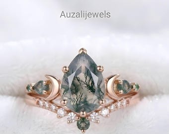 Pear Cut Moss Agate Ring Set, Crescent Moon Design 925 Sterling Silver Ring