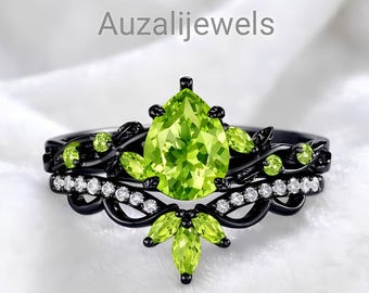 Pear Cut lab created Peridot ring set– Leaf Design Sterling Silver ring