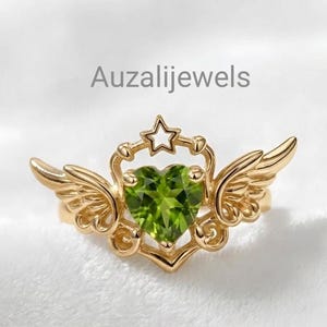 Lab Heart Peridot Angel Wings Ring – Sterling Silver Celestial Star Crown Boho Jewelry image 4