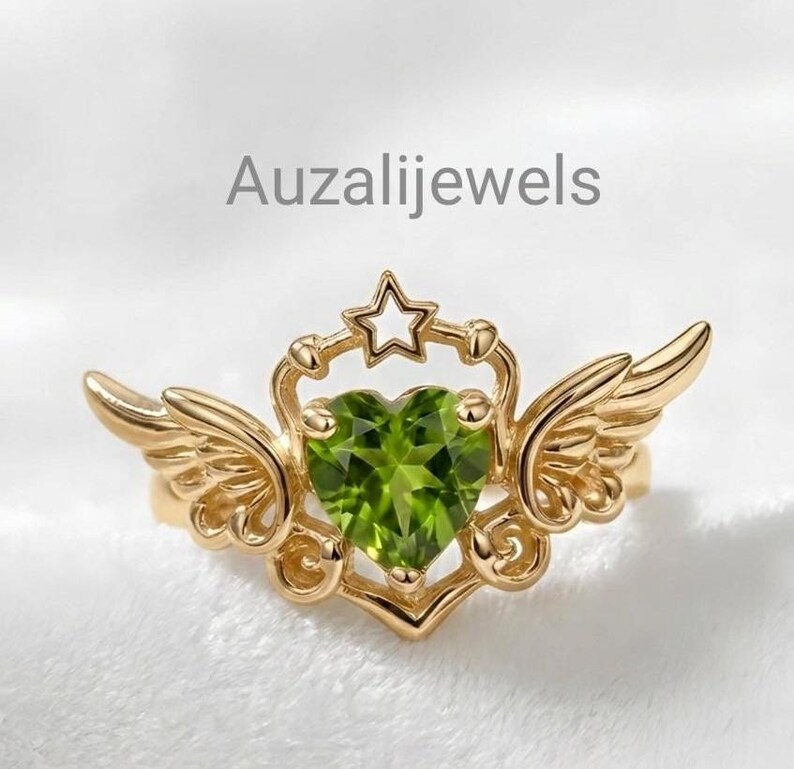 Lab Heart Peridot Angel Wings Ring – Sterling Silver Celestial Star Crown Boho Jewelry image 4