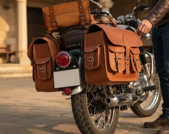 Personalisierte handgemachte braune Leder Motorrad-Satteltaschen - Vintage Seitentasche Set mit Werkzeugtasche