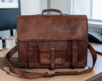 Bolso bandolera personalizado de piel plena flor – Maletín vintage para portátil, bolso de oficina, regalo