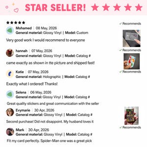 Puede incluir: Un gr&aacute;fico rosa y blanco con el texto "STAR SELLER!" y cinco estrellas. Se muestran rese&ntilde;as de clientes, con im&aacute;genes de pegatinas y tarjetas. Las rese&ntilde;as mencionan vinilo brillante y materiales hologr&aacute;ficos.