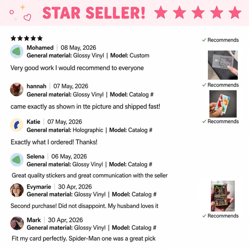 Puede incluir: Un gr&aacute;fico rosa y blanco con el texto "STAR SELLER!" y cinco estrellas. Se muestran rese&ntilde;as de clientes, con im&aacute;genes de pegatinas y tarjetas. Las rese&ntilde;as mencionan vinilo brillante y materiales hologr&aacute;ficos.