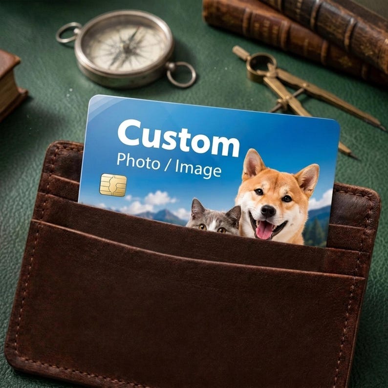 Op de afbeelding: Een bruine leren portemonnee met een blauwe kaart met de tekst "Custom Photo / Image" en een foto van een hond en een kat. De kaart heeft een gouden chip. Een kompas en andere items staan op de achtergrond.