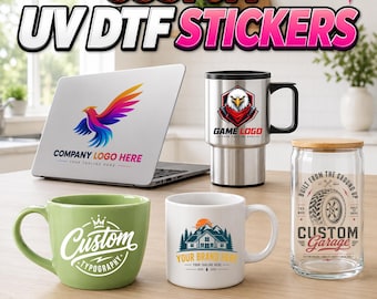 Pegatinas UV DTF personalizadas, calcomanías impermeables para vasos, tazas y revestimientos de vidrio, etiquetas de marca para negocios.
