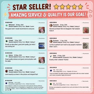 May include: A pink and white graphic with the text "STAR SELLER!" and "AMAZING SERVICE & QUALITY IS OUR GOAL!" is displayed. Customer reviews are shown, with star ratings and comments about sticker quality and service.