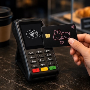 May include: A black credit card featuring a pink bunny and bear design is held near a payment terminal. The card has a contactless payment symbol and a chip. The terminal displays a contactless payment symbol.