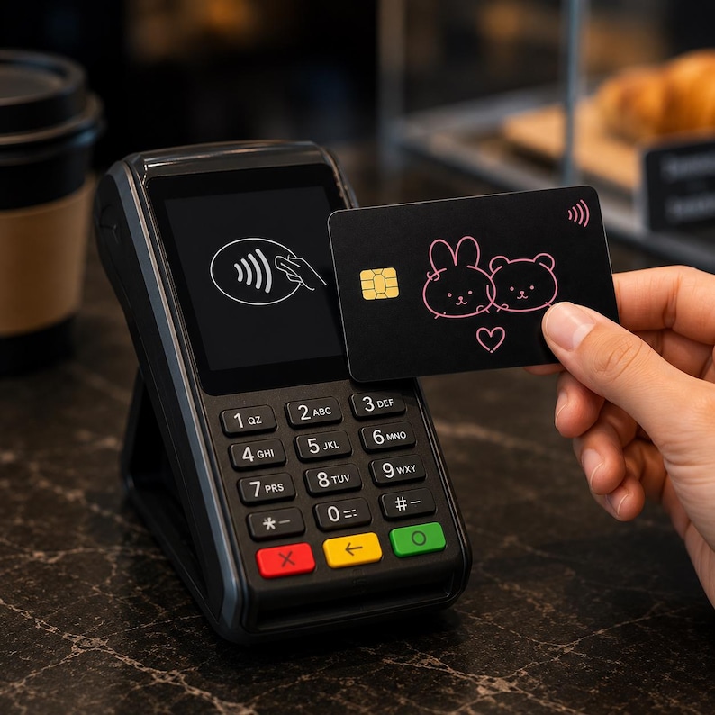 May include: A black credit card featuring a pink bunny and bear design is held near a payment terminal. The card has a contactless payment symbol and a chip. The terminal displays a contactless payment symbol.