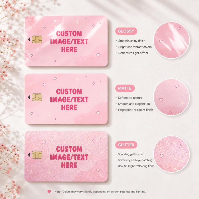 Puede incluir: Tarjetas rosas personalizadas con opciones de acabado brillante, mate y con purpurina. Cada tarjeta tiene espacio para imagen y texto personalizados. La tarjeta brillante tiene un acabado brillante, la mate tiene una textura suave y la tarjeta con purpurina brilla.