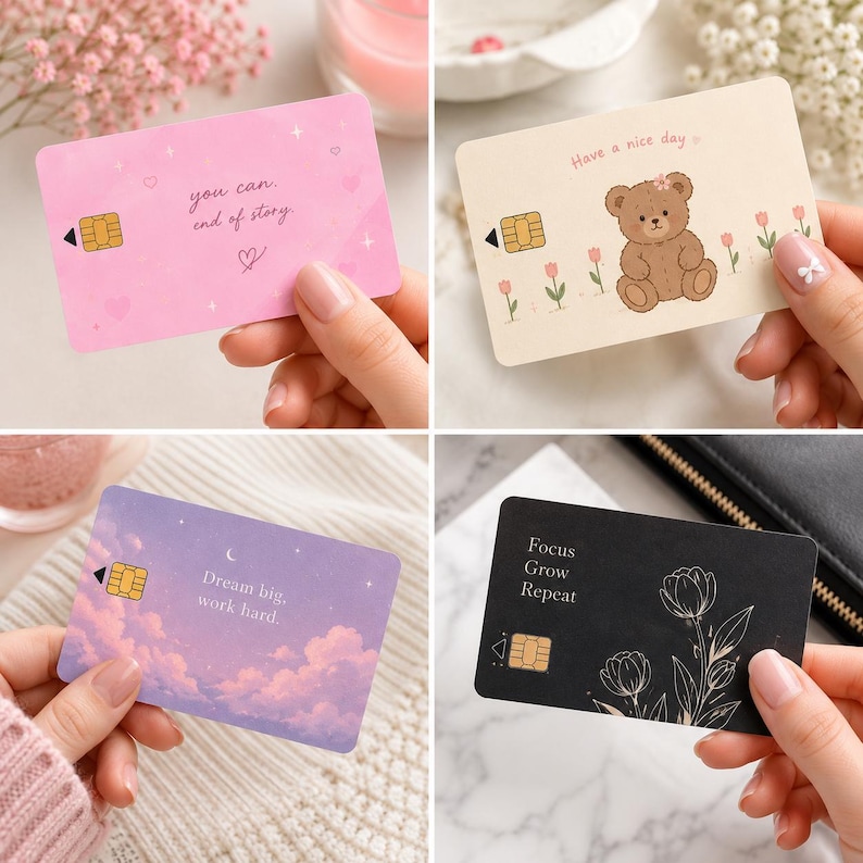 Puede incluir: Cuatro tarjetas decorativas con citas inspiradoras e ilustraciones. Las tarjetas son rosas, beige, moradas y negras. La tarjeta rosa dice "you can end of story" y tiene un coraz&oacute;n. La tarjeta beige dice "Have a nice day" con un oso. La tarjeta morada dice "Dream big, work hard."