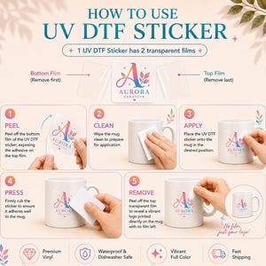 Puede incluir: Un gr&aacute;fico instructivo titulado HOW TO USE UV DTF STICKER que muestra cinco pasos para aplicar una pegatina en una taza blanca. Los pasos incluyen retirar la pel&iacute;cula inferior, limpiar la taza, aplicar la pegatina, presionar y retirar la pel&iacute;cula superior.