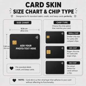 May include: A black card skin size chart, 8.56 cm wide and 5.40 cm high, with chip type options: small, big, and no chip. Designed for standard debit, credit, and contactless cards. Includes text: 'ADD YOUR PHOTO/TEXT HERE'.