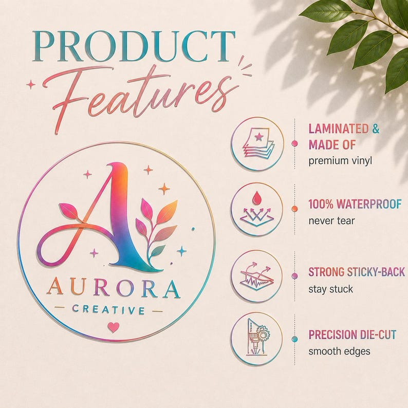 Puede incluir: Un gr&aacute;fico de pegatina circular con un logotipo de letra A en degradado y el texto AURORA CREATIVE. La imagen enumera las caracter&iacute;sticas del producto: vinilo premium laminado, 100% impermeable, adhesivo fuerte y corte de precisi&oacute;n.