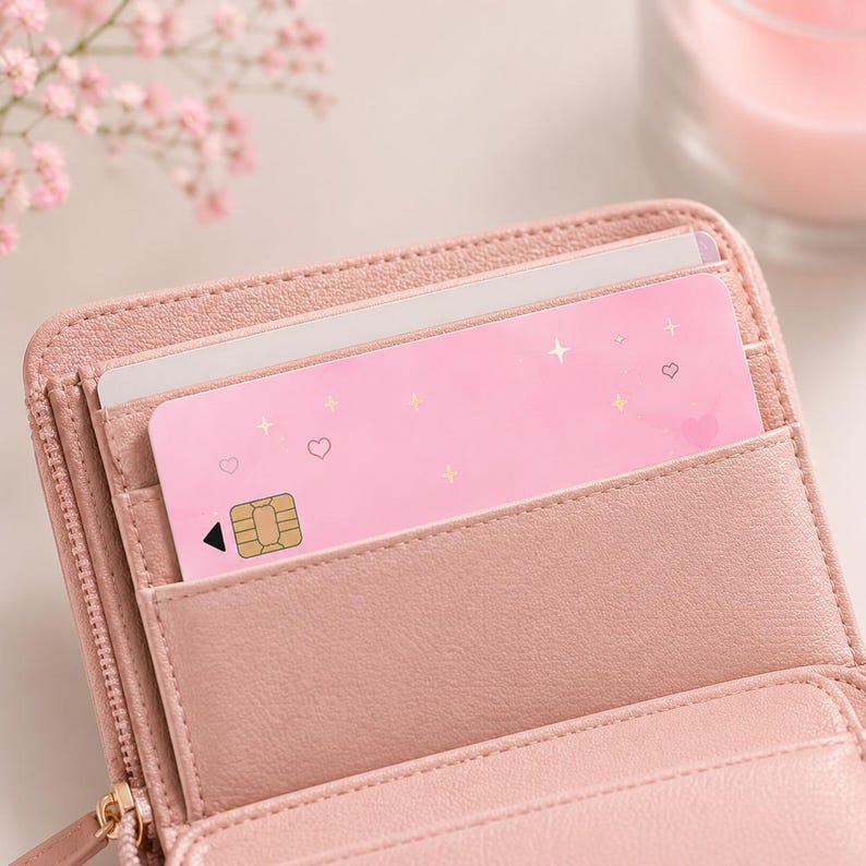 Puede incluir: Una cartera rosa con cremallera, que contiene una tarjeta rosa decorada con corazones y estrellas. La tarjeta tiene un chip dorado y una flecha negra. Tambi&eacute;n se ve una tarjeta blanca dentro de la cartera.