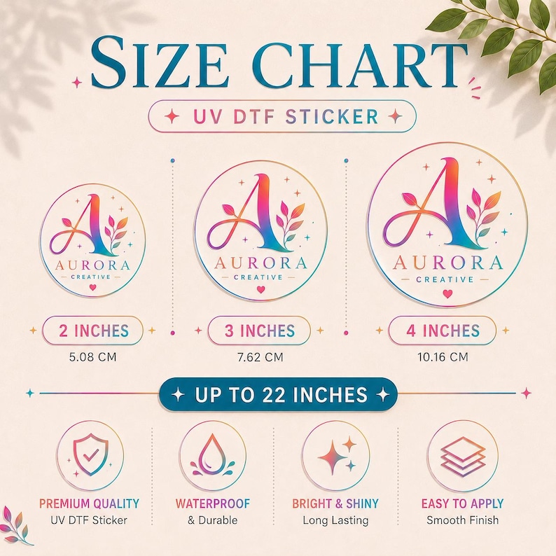 Puede incluir: Una tabla de tallas para pegatinas UV DTF con el texto Aurora Creative, una letra A en degradado y hojas. Muestra tres tama&ntilde;os de pegatinas circulares de 5,08 cm, 7,62 cm y 10,16 cm, adem&aacute;s de una opci&oacute;n de hasta 55,88 cm, con iconos de calidad, resistencia al agua, brillo y f&aacute;cil aplicaci&oacute;n.