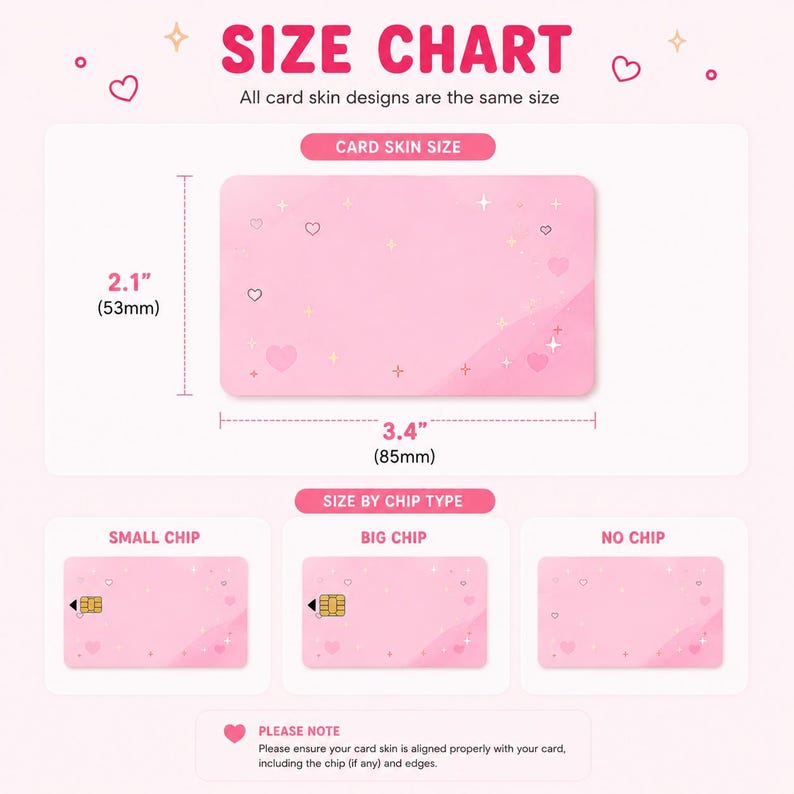 Puede incluir: Un gr&aacute;fico de tallas de skins de tarjetas rosas, con dimensiones de 53 mm por 85 mm. Incluye ejemplos para tarjetas con chip peque&ntilde;o, chip grande y sin chip. El texto "SIZE CHART" est&aacute; en la parte superior.