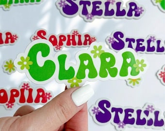 Custom Daisy Name Stickers, Personalized Die Cut Waterproof Vinyl Labels, Groovy Name Sticker
