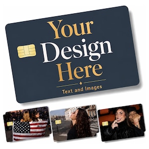 May include: A navy blue card with the text "Your Design Here" in gold and white. The card has a gold chip on the left side and the words "Text and Images" at the bottom. Three smaller cards with photos are shown below.