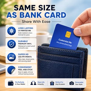 May include: A blue card with a yellow chip is being removed from a dark blue wallet. The card says "Customize Me" and "Any picture/text/logo." The image text reads "Same Size As Bank Card" and "Share With Ease."
