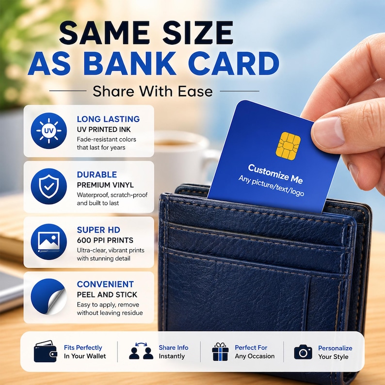 May include: A blue card with a yellow chip is being removed from a dark blue wallet. The card says "Customize Me" and "Any picture/text/logo." The image text reads "Same Size As Bank Card" and "Share With Ease."