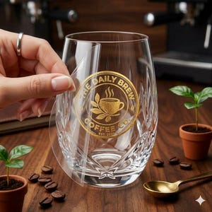 May include: A clear, etched glass with a gold logo that reads "The Daily Brew Coffee Co. Est. 2023." The glass is oval-shaped and sits on a wooden surface with coffee beans and a small plant. A gold spoon is also visible.