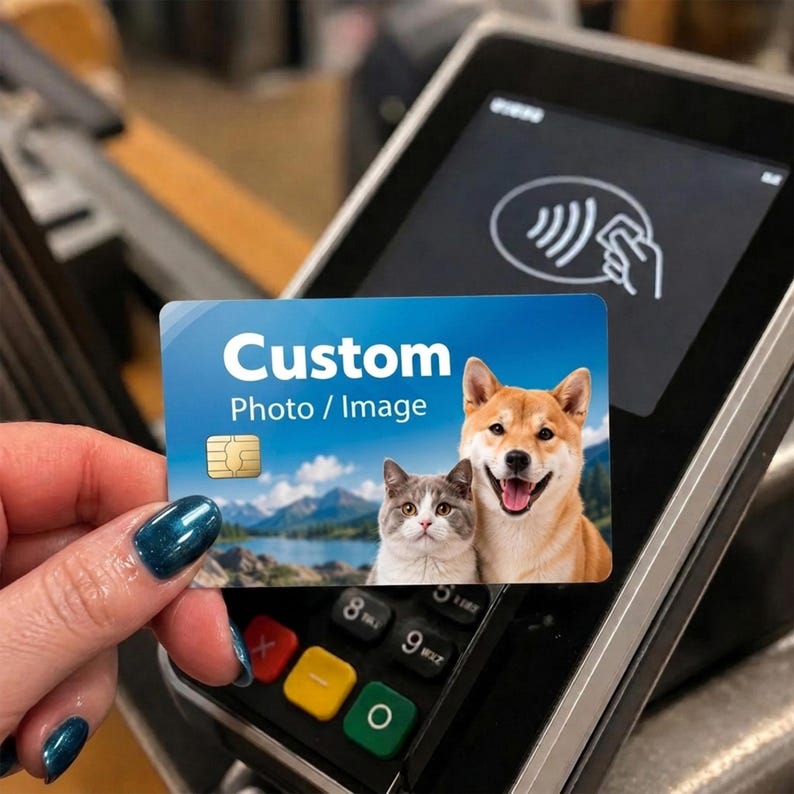 Op de afbeelding: Een gepersonaliseerde creditcard met een foto van een kat en een hond, tegen een berglandschap. De kaart toont de woorden "Custom" en "Photo / Image". De kaart wordt in de buurt van een betaalautomaat gehouden.