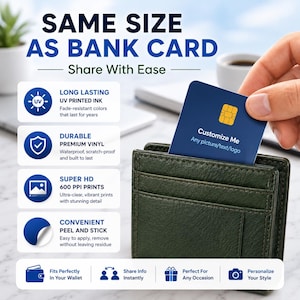 May include: A blue card with a gold chip is being pulled from a dark green wallet. The card reads "Customize Me" and "Any picture/text/logo." Text on the image states "Same Size As Bank Card" and highlights features like UV printed ink and peel and stick.