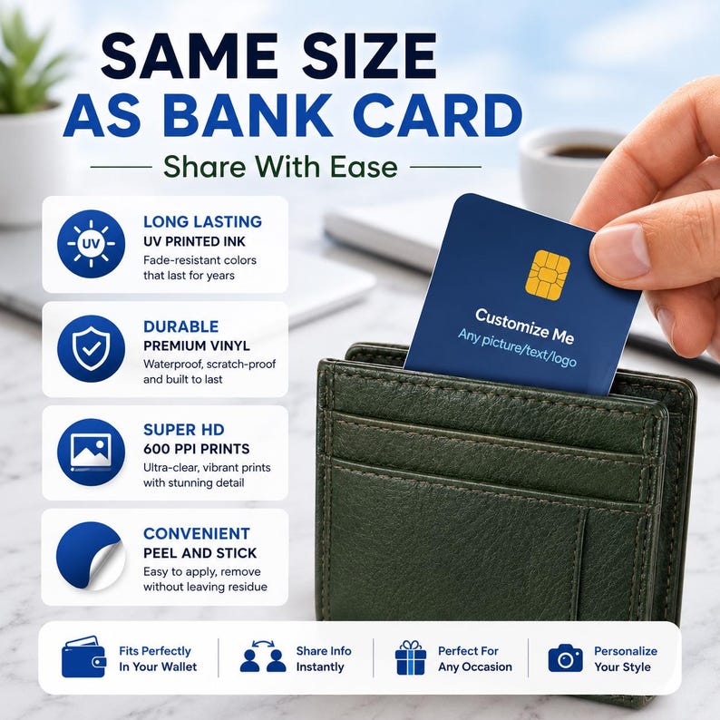 May include: A blue card with a gold chip is being pulled from a dark green wallet. The card reads "Customize Me" and "Any picture/text/logo." Text on the image states "Same Size As Bank Card" and highlights features like UV printed ink and peel and stick.