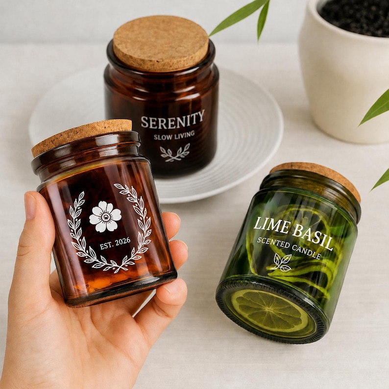 May include: Three glass jars with cork lids. One jar is amber-colored with the word "SERENITY" and "SLOW LIVING" printed on it. Another jar is amber-colored with a floral design and the text "EST. 2026". The third jar is green with "LIME BASIL" printed on it.