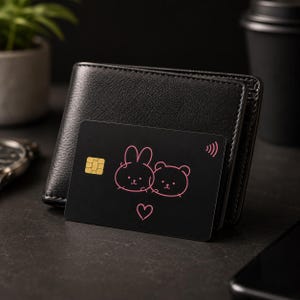 May include: A black credit card with a pink bunny and bear illustration, and a heart. The card is placed near a black leather wallet. A gold square chip is visible on the card.