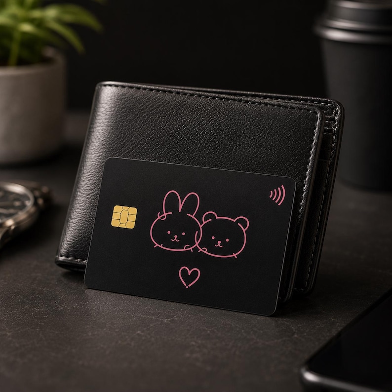 May include: A black credit card with a pink bunny and bear illustration, and a heart. The card is placed near a black leather wallet. A gold square chip is visible on the card.