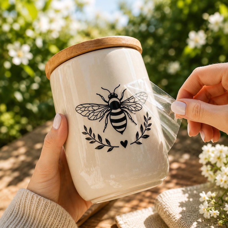 Puede incluir: Un recipiente cil&iacute;ndrico de cer&aacute;mica color crema con tapa de madera. Se est&aacute; aplicando un adhesivo de vinilo negro con forma de abeja rodeada por una rama con hojas y un peque&ntilde;o coraz&oacute;n, con una parte de la cinta de transferencia transparente retirada.