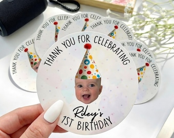 Custom Photo Birthday Stickers, Personalized Face Sticker, Thank You Party Favor Labels for Birthday Decorations