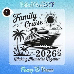 Peut inclure: Graphisme en noir et blanc avec le texte "Family Cruise 2026 Making Memories Together". L'image présente un bateau de croisière, des palmiers, un soleil et des oiseaux, parfait pour des vacances en famille.