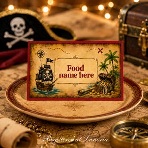 May include: A rectangular pirate-themed food label card with a red border, featuring a vintage map background, a sailing ship with a skull and crossbones flag, a treasure chest, palm trees, and the text Food name here in dark red font.