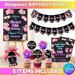 May include: A sleepover birthday party bundle featuring a welcome sign, a Happy Birthday banner, cupcake toppers, and favour tags. The items are decorated with pink and black graphics of pyjamas, eye masks, popcorn, and cupcakes with text.